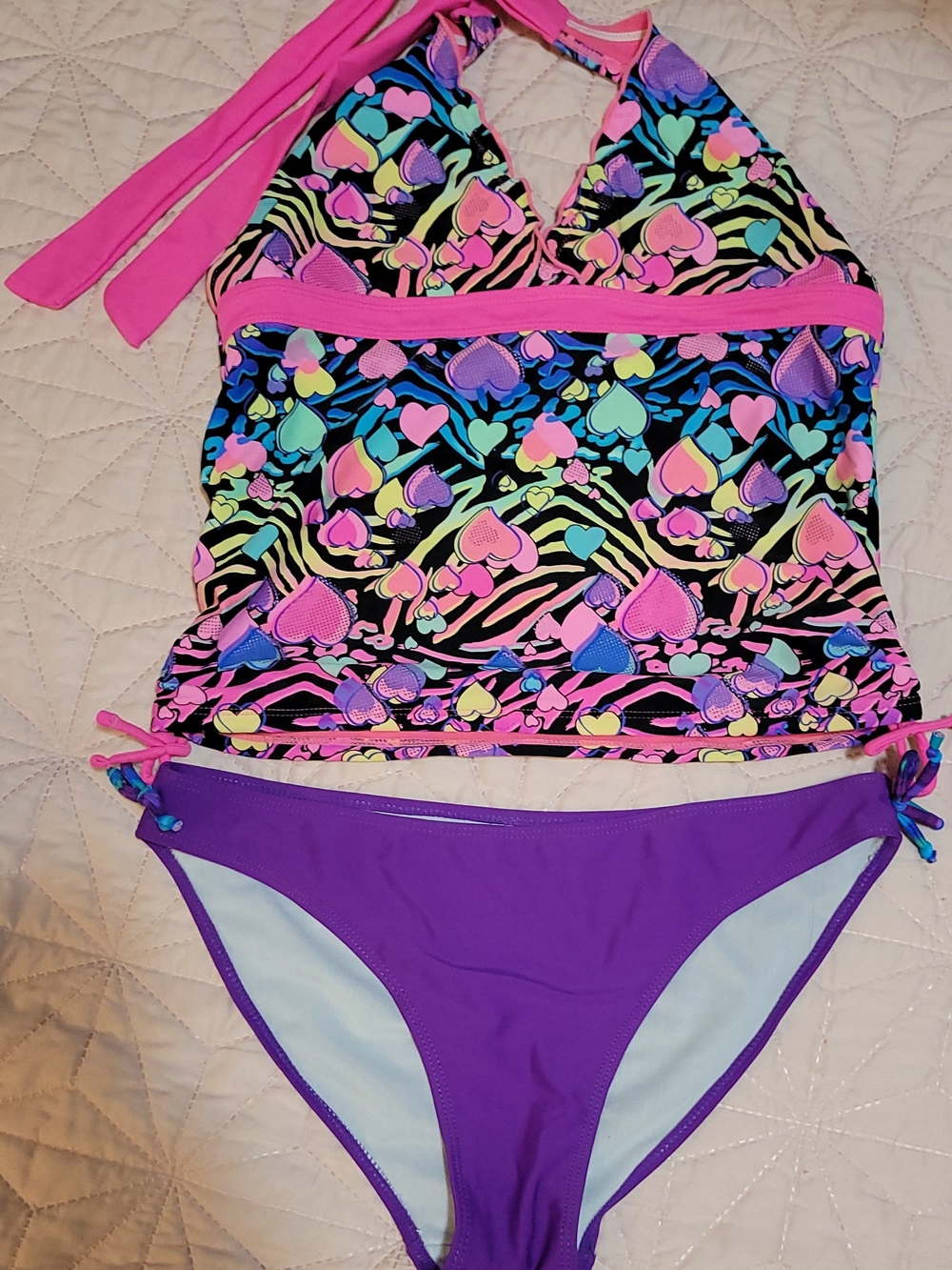 Girls' Purple & Multi-Color Heart Tankini Swim Set